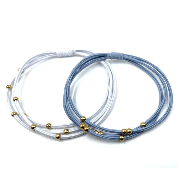 3mm Gold Water Pony Waterproof Bracelet Hair Bands in Light Blue and White erin gray