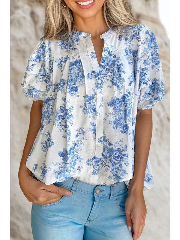 Boho Floral Pleated Puff Sleeve Button Up Shirt Aapparella