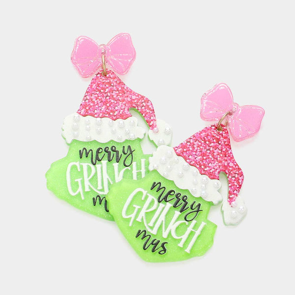 Glittered Resin Merry Grinch Mas Message Dangle Earrings Wona Trading, Inc.