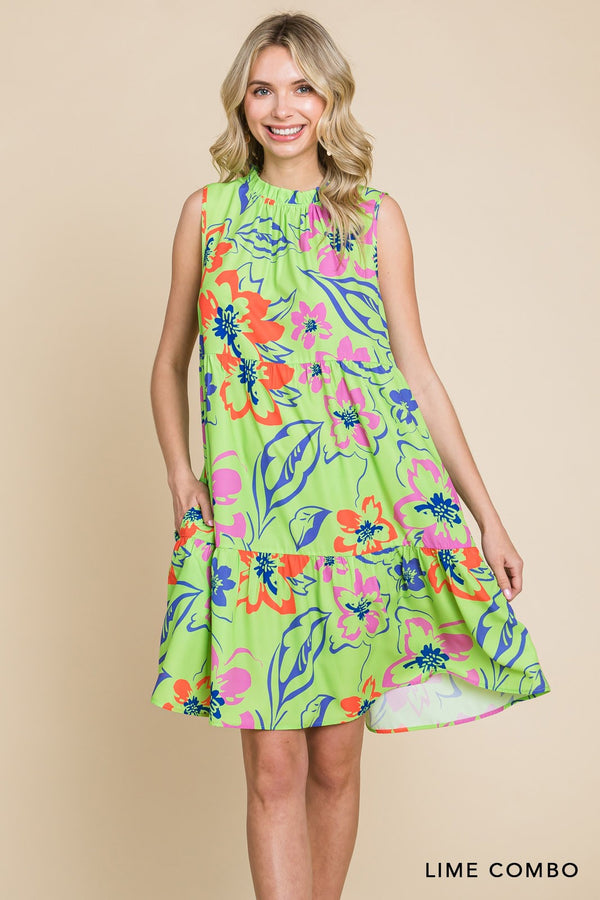 Cotton Bleu Print Ruffle Mock Neck Tiered Mini Dress - Lime Combo Cotton Bleu