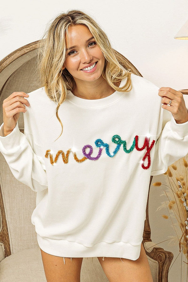 Merry Tinsel Lettering Two Tone Rib Pullover Bibi