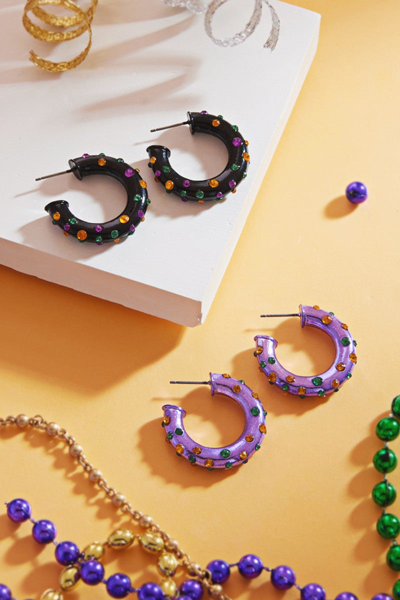 Mardi Gras Colored Stone Hoop Earrings Fashion City