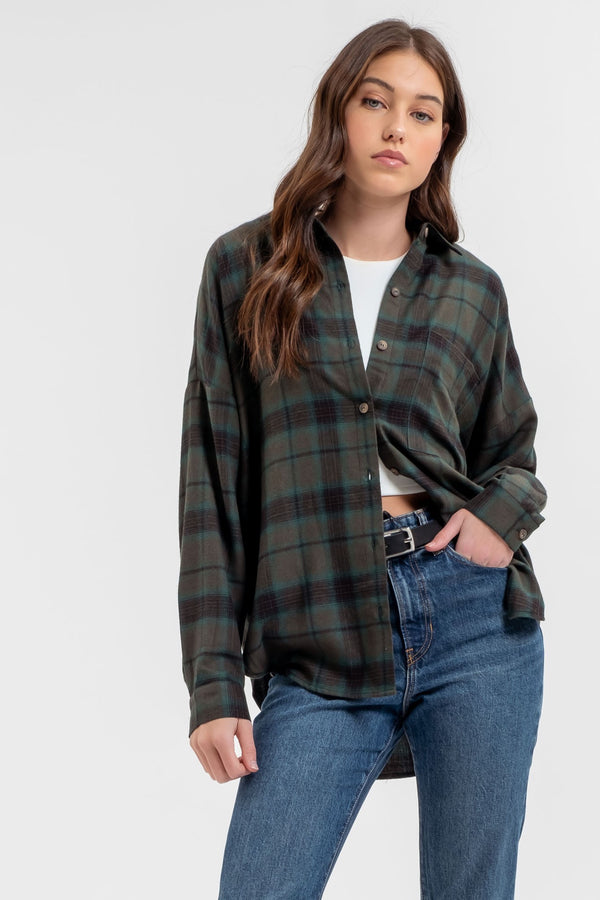 Collared Button Down Long Sleeve Plaid Shirt - Hunter Green blu pepper