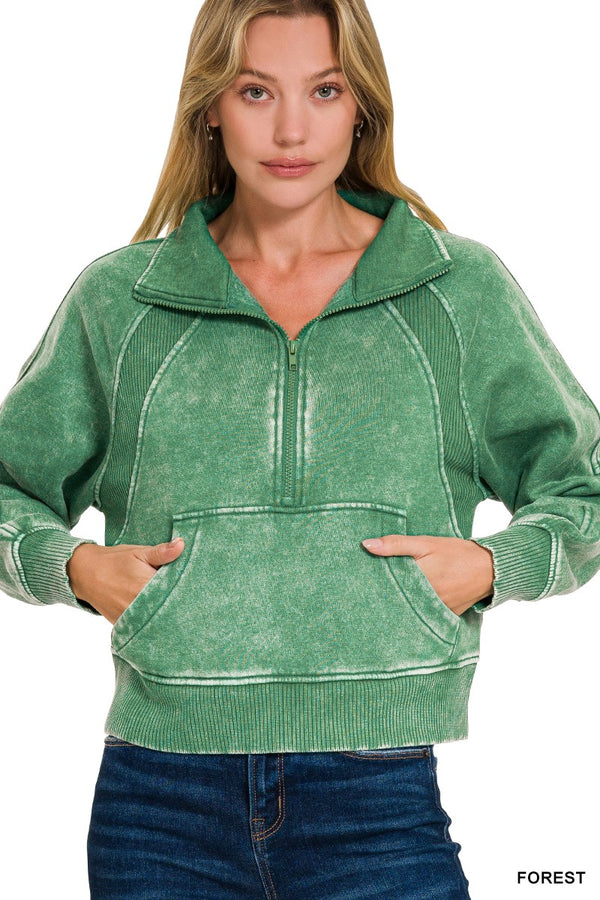 Zenana Acid Washed Half Zip Fleece Pullover - Forest Zenana