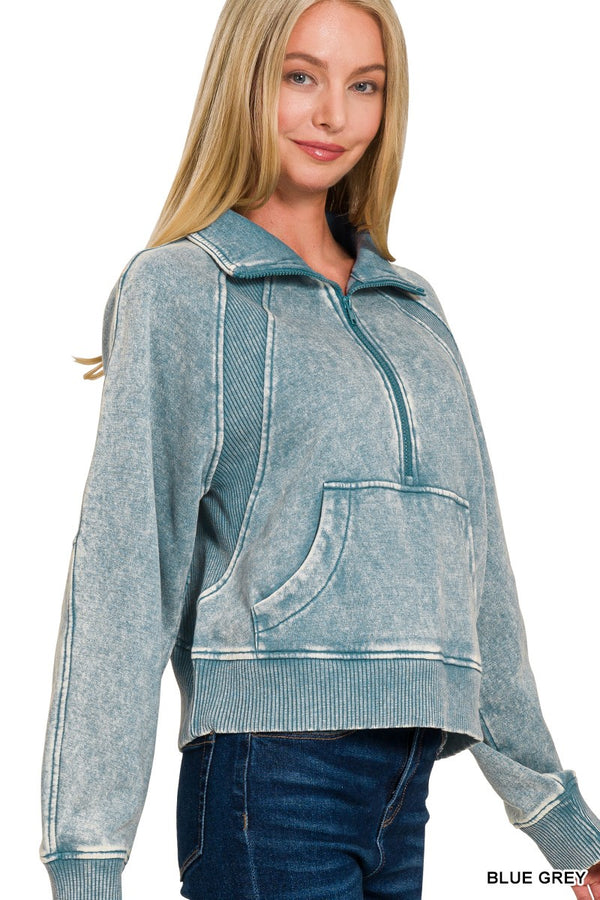 Zenana Acid Washed Half Zip Fleece Pullover - Blue Grey Zenana