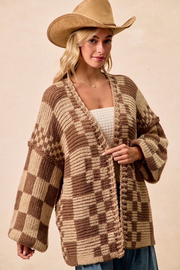 Mixed Check Pattern Loose Fit Chunky Cardigan - Mocha/Latte Bibi