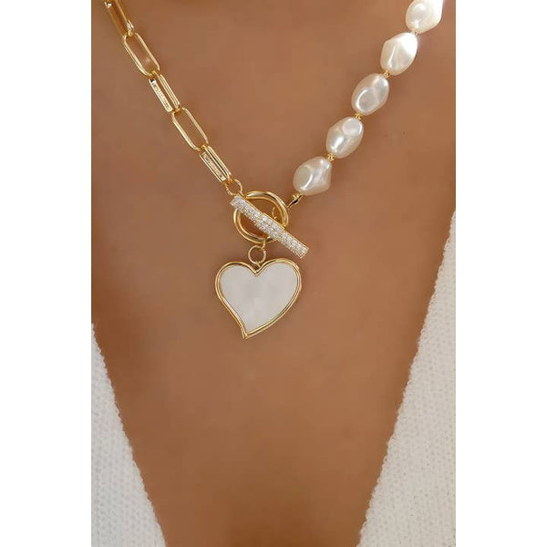 Heart Valentine Pendant Rhinestone Pearl Chain Necklace Aapparella