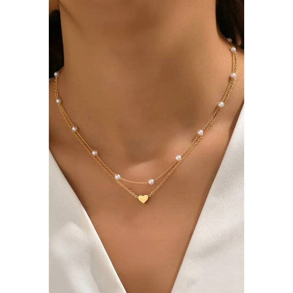 Plated Heart & Pearl Detail 2pcs Layered Necklace Aapparella
