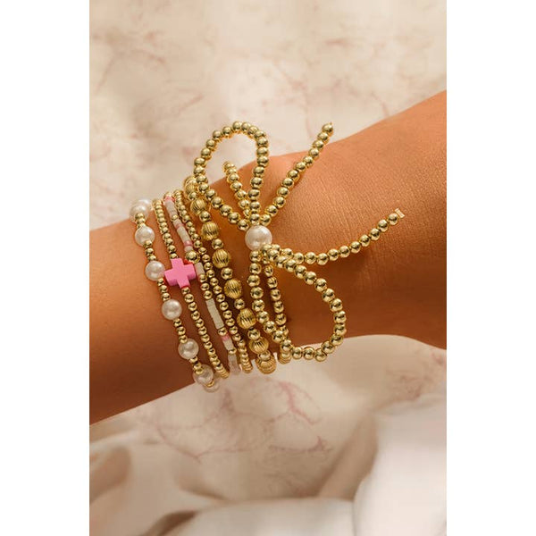 Bow Knot Pearl Decor Beaded Plated Bracelet Set Aapparella