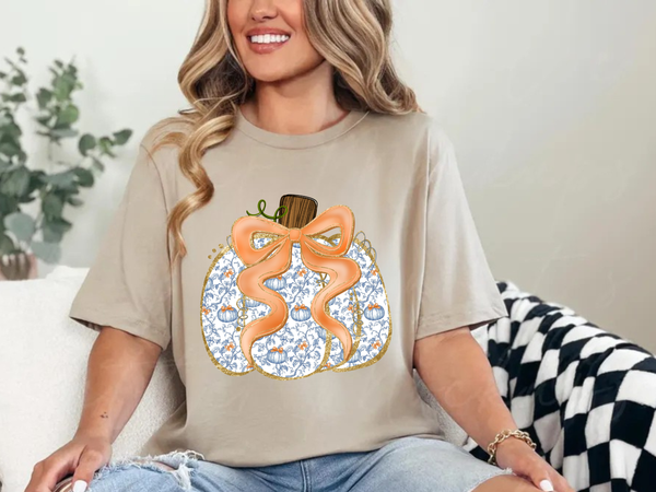 🎀 Blue Pumpkin Coquette Tee | Fall Floral Bow Graphic Shirt Texas Twisted Wholesale
