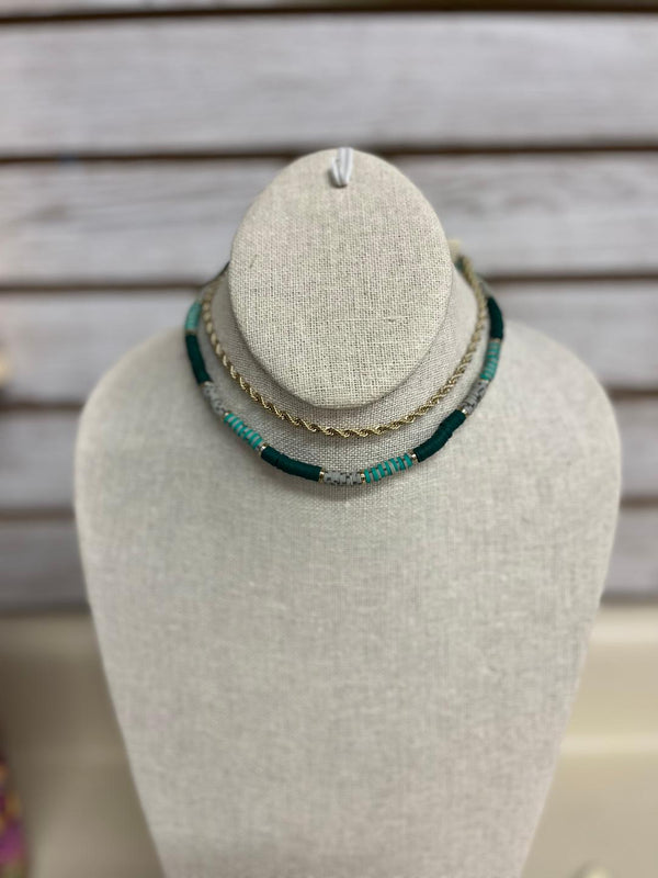 Green Heishi Gold Rope Choker Necklace Kenze Panne Jewelry