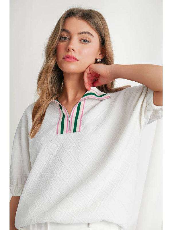 Textured Colorful Tape Zip Collared Top Aapparella
