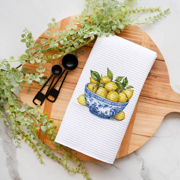 Chinoiserie Lemon Bowl Waffle Weave Kitchen Towel