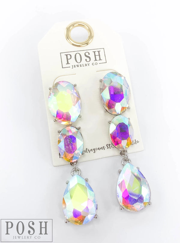 Posh Rhinestone Double Oval with Teardrop Earrings - Silver Posh