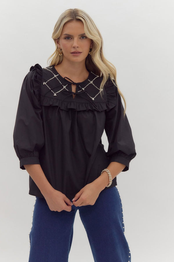 Black V Neck Top with Pearl Embellishments