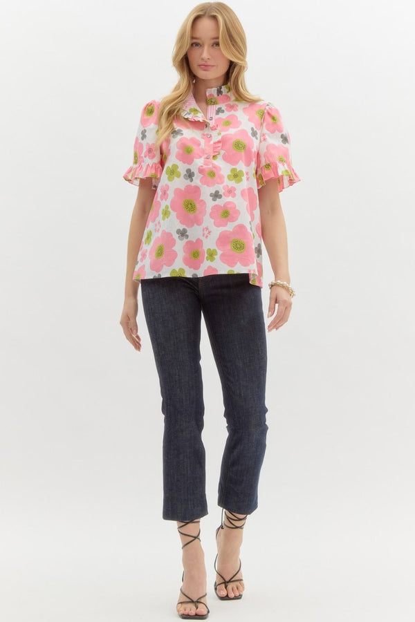 Entro Pink Floral Ruffle Top entro