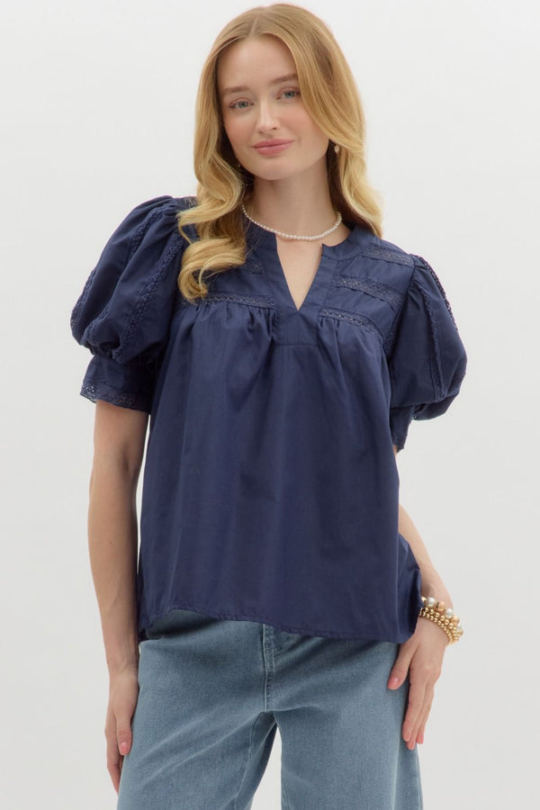 Solid V-Neck Puff Sleeve Pullover entro