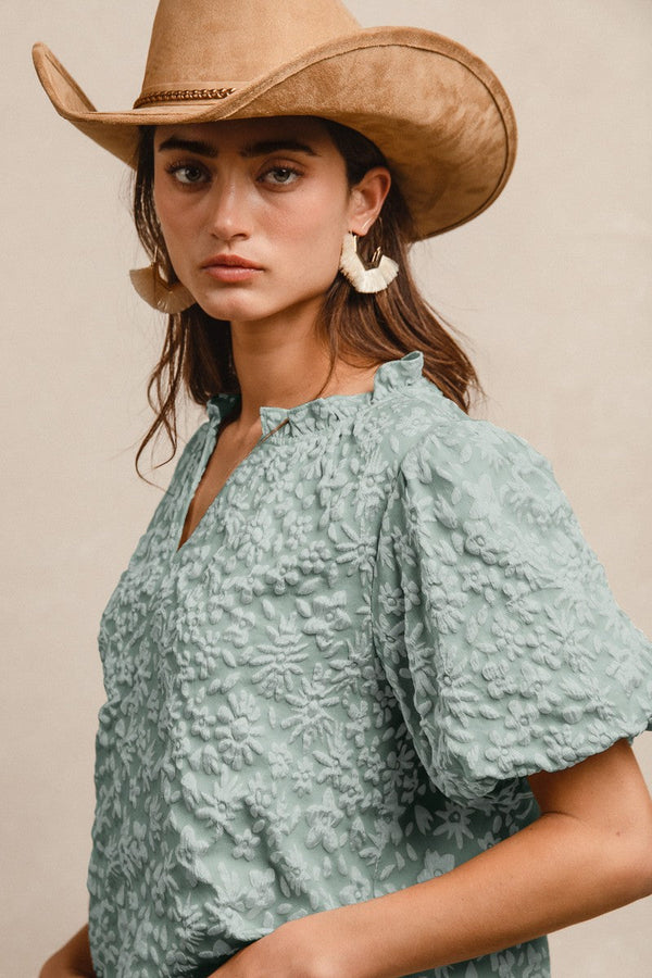 Floral Pattern V-Neck Texture Short Balloon Sleeves - Sage Bibi