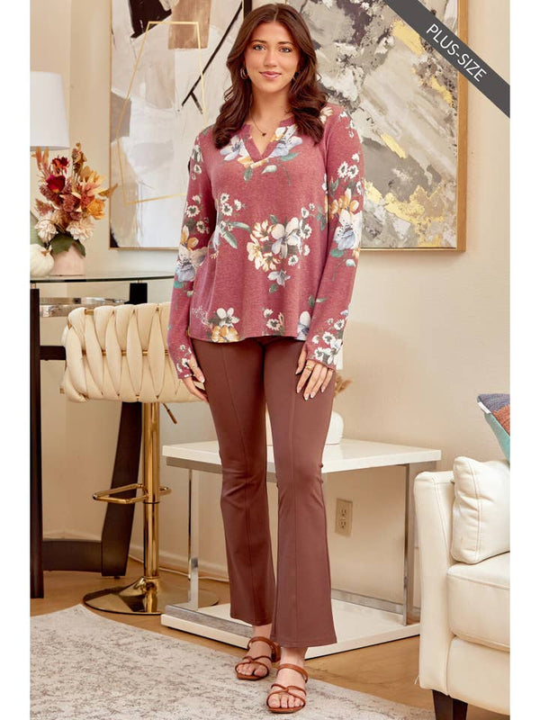 Floral Print Long Sleeve Knit Top - Marsala dear scarlett