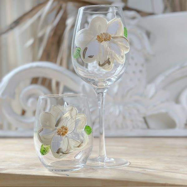 Hand Painted Magnolia Wine Glass Roux Brands