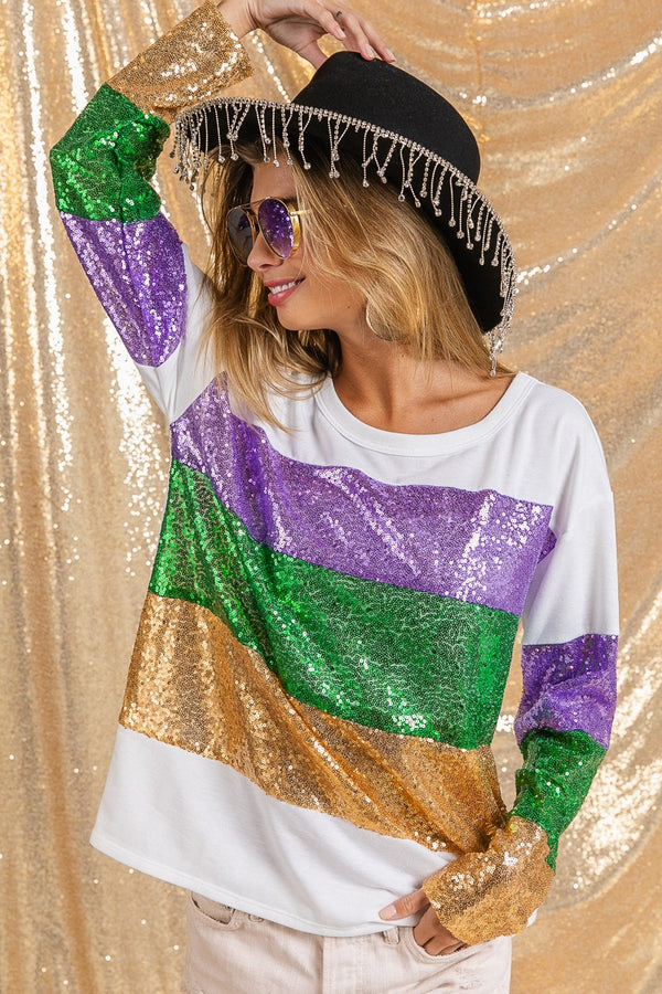 BiBi Mardi Gras Sequins Colorblock Long Sleeve Top Bibi